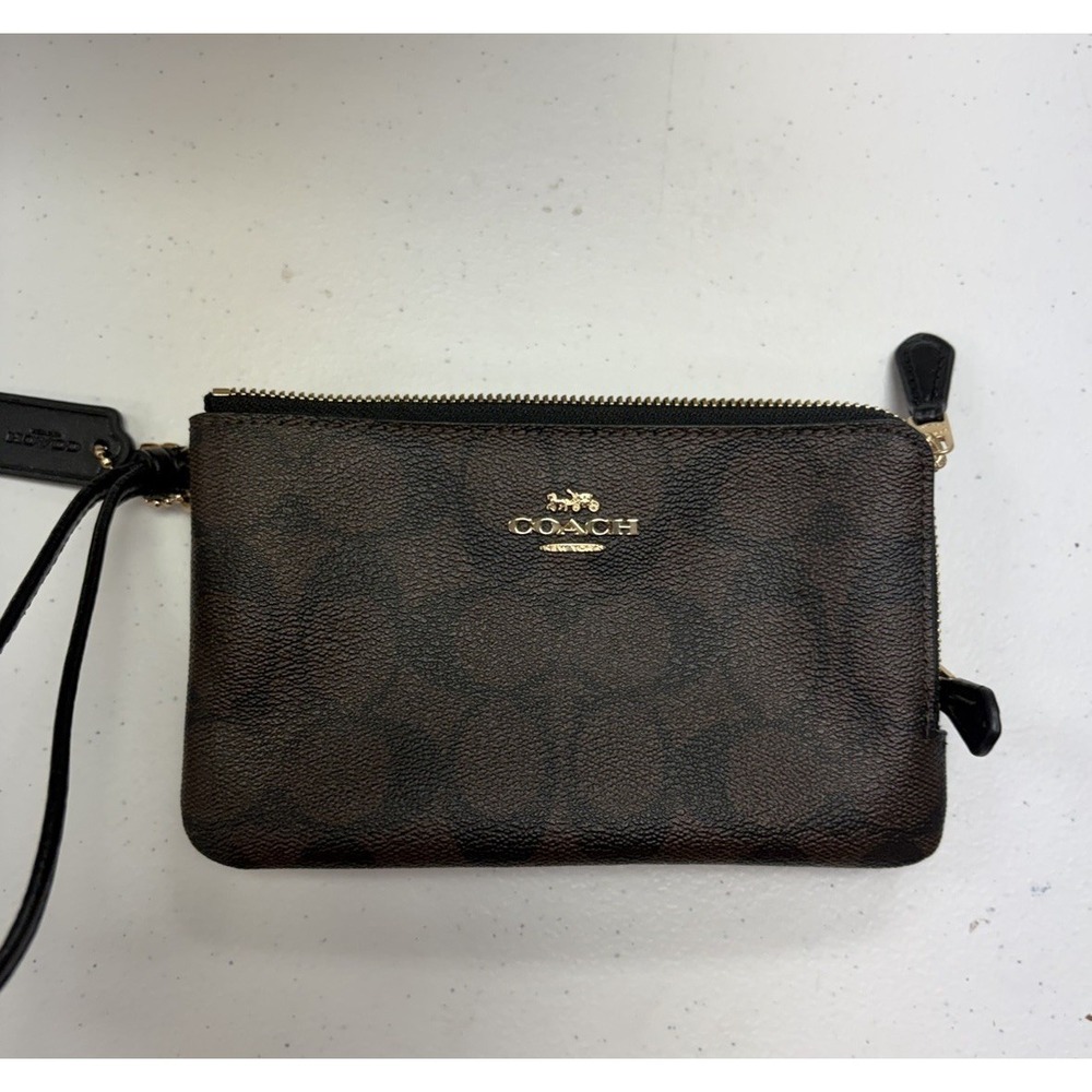 Coach Double Corner Zip Wristlet Classic Walnut & Black NWOT